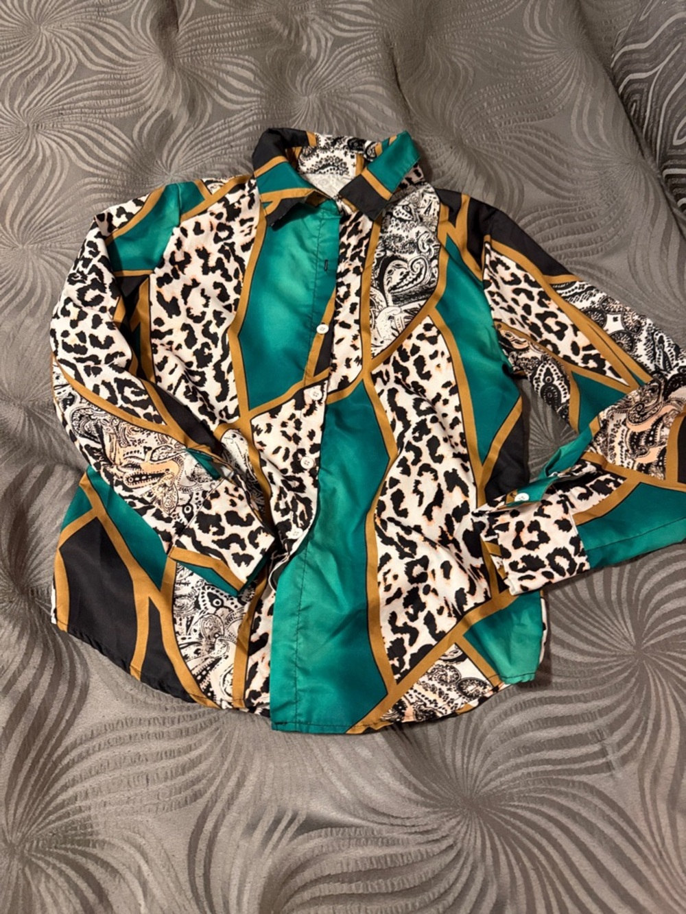 Silky Teal & Leopard Print Button-Up Shirt